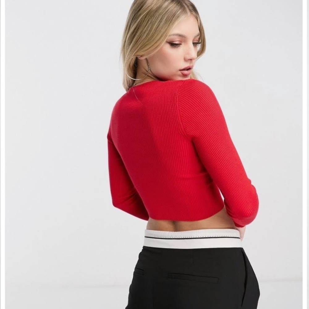 ASOS-Diagonal Lace-Up Long Sleeve Top-Seamless Ribbed Sz M-NWOT-Red-Garage-☀️❤️ - Picture 2 of 9